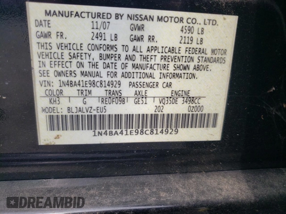 2008 Nissan Maxima 3.5 SE with VIN 1N4BA41E98C814929, listed as a Copart auction lot 68988884 with 192,900 mi miles and Salvage Title. Bid and sale history available at carsss.com. Image 15.