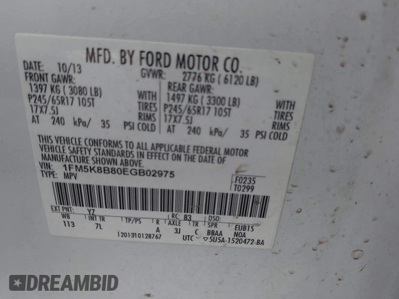 2014 Ford Explorer with VIN 1FM5K8B80EGB02975, listed as a IAAI auction lot 41102859 with 232,118 mi miles and . Bid and sale history available at carsss.com. Image 9.