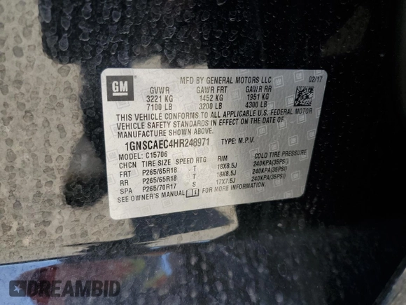2017 Chevrolet Tahoe LS with VIN 1GNSCAEC4HR248971, listed as a Copart auction lot 58266665 with 94,377 mi miles and Salvage title. Bid and sale history available at DreamBid. Image 14.