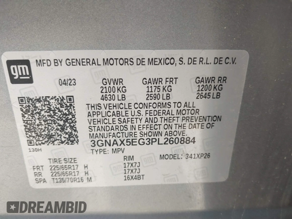 2023 Chevrolet Equinox LS with VIN 3GNAX5EG3PL260884, listed as a IAAI auction lot 42362023 with 70,580 mi miles and . Bid and sale history available at DreamBid. Image 9.