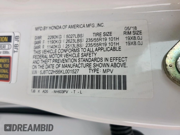 2019 Acura RDX Technology with VIN 5J8TC2H56KL001527, listed as a Copart auction lot 57758495 with 88,823 mi miles and Salvage title. Bid and sale history available at DreamBid. Image 13.