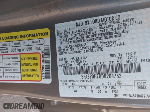 2013 Ford Fusion SE with VIN 3FA6P0H70DR204753, listed as a IAAI auction lot 42633541 with 83,386 mi miles and . Bid and sale history available at DreamBid. Image 9.