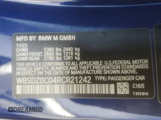 2024 BMW M8 Competition with VIN WBSDZ0C04RCR21242, listed as a Copart auction lot 49249175 with 5,071 mi miles and Salvage Title. Bid and sale history available at carsss.com. Image 14.