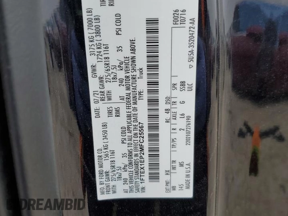 2021 Ford F-150 XL with VIN 1FTEX1EP2MFC25567, listed as a Copart auction lot 44474135 with 27,863 mi miles and Salvage title. Bid and sale history available at DreamBid. Image 12.