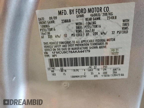 2010 Ford Escape XLS with VIN 1FMCU9C78AKA44179, listed as a Copart auction lot 80518154 with 175,149 mi miles and Salvage title. Bid and sale history available at DreamBid. Image 13.