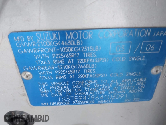 2006 Suzuki Grand Vitara Luxury z VIN JS3TE947964103091, wystawiony jako IAAI lot #41658953 z przebiegiem 221 696 mil mil oraz . Historia ofert i sprzedaży dostępna na DreamBid. Obrazek 9.