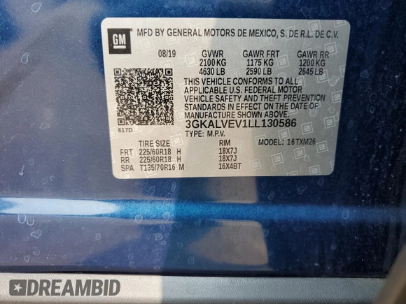 2020 GMC Terrain SLT with VIN 3GKALVEV1LL130586, listed as a Copart auction lot 59215235 with 61,039 mi miles and Salvage title. Bid and sale history available at DreamBid. Image 13.