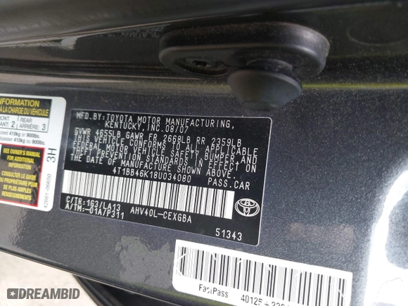 2008 Toyota Camry Hybrid with VIN 4T1BB46K18U034080, listed as a IAAI auction lot 42048525 with 247,328 mi miles. Bid and sale history available at carsss.com. Image 9.