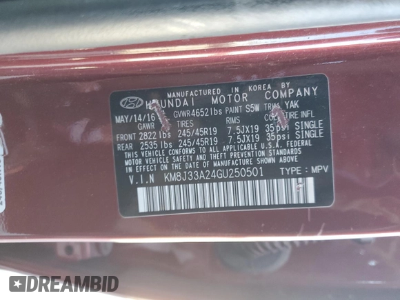 2016 Hyundai Tucson Sport with VIN KM8J33A24GU250501, listed as a Copart auction lot 47825455 with 106,392 mi miles and Salvage Title. Bid and sale history available at carsss.com. Image 16.