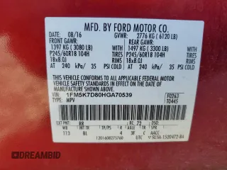 2017 Ford Explorer XLT with VIN 1FM5K7D80HGA70539, listed as a Copart auction lot 62291165 with 134,476 mi miles and Salvage title. Bid and sale history available at DreamBid. Image 14.