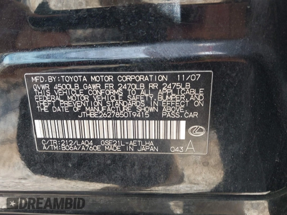 2008 Lexus IS 350 with VIN JTHBE262785019415, listed as a IAAI auction lot 41672025 with 141,228 mi miles and . Bid and sale history available at DreamBid. Image 9.