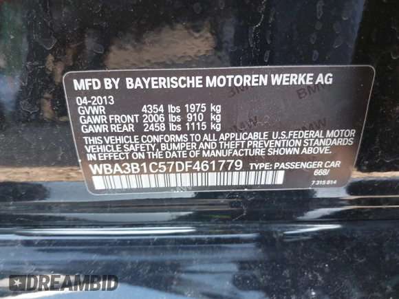 2013 BMW 3 Series 320i with VIN WBA3B1C57DF461779, listed as a IAAI auction lot 41991156 with 134,592 mi miles. Bid and sale history available at carsss.com. Image 9.