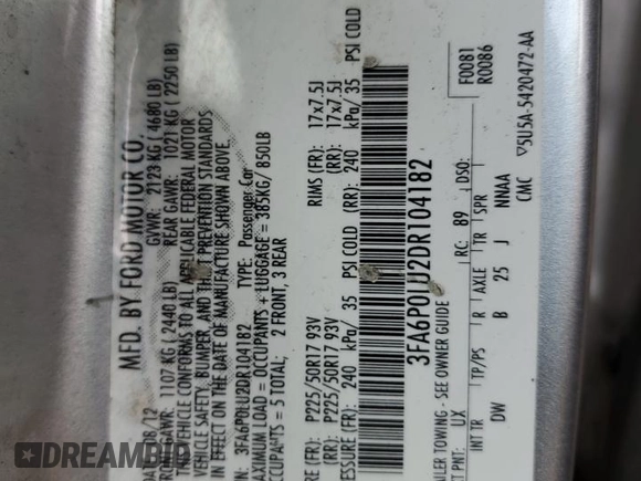 2013 Ford Fusion SE Hybrid z VIN 3FA6P0LU2DR104182, wystawiony jako Copart lot #63107545 z przebiegiem 249 317 mil mil oraz Szkoda całkowita • Salvage title. Historia ofert i sprzedaży dostępna na DreamBid. Obrazek 12.
