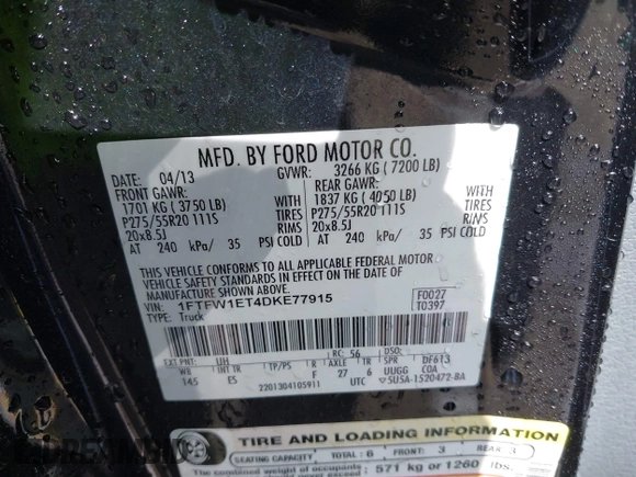 2013 Ford F-150 XL with VIN 1FTFW1ET4DKE77915, listed as a IAAI auction lot 41991613 with 187,457 mi miles. Bid and sale history available at carsss.com. Image 9.