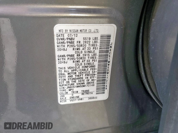 2013 Infiniti FX with VIN JN8CS1MW5DM172149, listed as a Copart auction lot 62589785 with 154,961 mi miles and Salvage title. Bid and sale history available at DreamBid. Image 12.