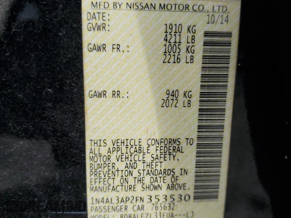 2015 Nissan Altima 2.5 with VIN 1N4AL3AP2FN353530, listed as a Copart auction lot 56054095 with 298,242 mi miles and Salvage title. Bid and sale history available at DreamBid. Image 12.