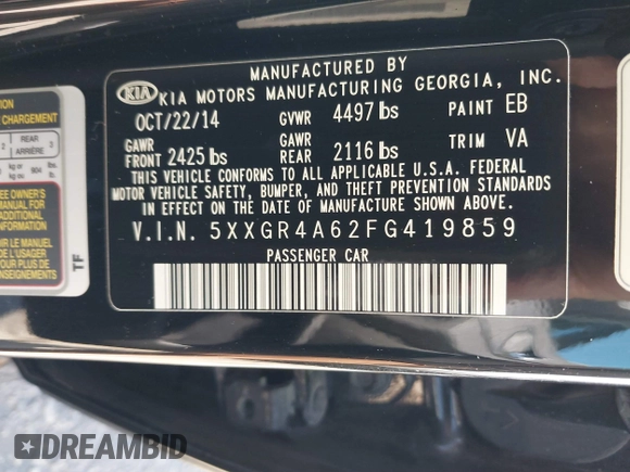 2015 Kia Optima SX Turbo with VIN 5XXGR4A62FG419859, listed as a IAAI auction lot 41805481 with 166,602 mi miles. Bid and sale history available at carsss.com. Image 9.