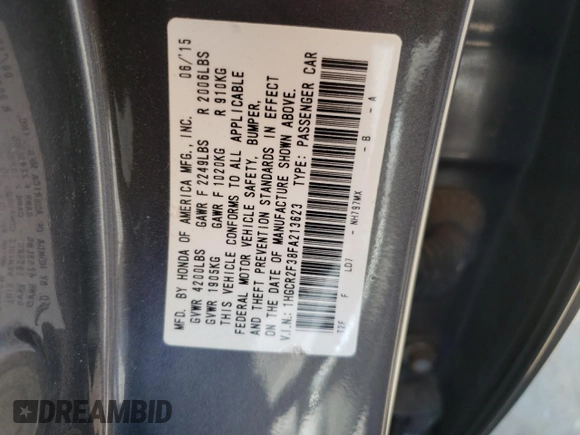 2015 Honda Accord Sedan LX with VIN 1HGCR2F38FA213623, listed as a Copart auction lot 50615345 with 30,642 mi miles and Salvage Title. Bid and sale history available at carsss.com. Image 13.