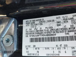 2013 Ford Escape S with VIN 1FMCU0F7XDUB69605, listed as a IAAI auction lot 41751795 with 69,621 mi miles. Bid and sale history available at carsss.com. Image 9.