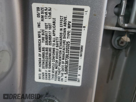 2009 Honda CR-V EX-L with VIN 5J6RE38739L020325, listed as a Copart auction lot 54015975 with 187,935 mi miles and Salvage Title. Bid and sale history available at carsss.com. Image 12.