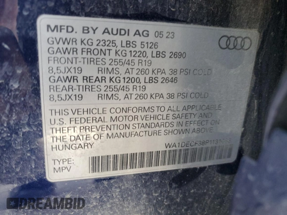2023 Audi Q3 S line Premium z VIN WA1DECF38P1131083, wystawiony jako Copart lot #49589125 z przebiegiem 29 648 mil mil oraz Szkody całkowita. Historia ofert i sprzedaży dostępna na DreamBid. Obrazek 13.