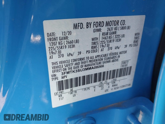 2021 Ford Mustang Mach-E Premium with VIN 3FMTK3SU3MMA08066, listed as a IAAI auction lot 42004604 with 36,504 mi miles and . Bid and sale history available at DreamBid. Image 9.