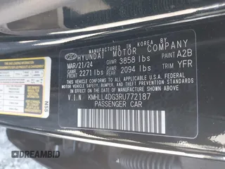 2024 Hyundai Elantra SE with VIN KMHLL4DG3RU772187, listed as a IAAI auction lot 41788149 with 7,673 mi miles and . Bid and sale history available at DreamBid. Image 9.