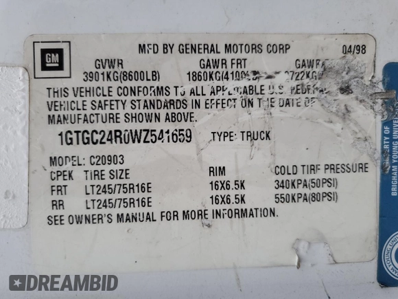 1998 GMC Sierra 1500 with VIN 1GTGC24R0WZ541659, listed as a Copart auction lot 86654274 with 170,193 mi miles and Clean Title. Bid and sale history available at DreamBid. Image 12.