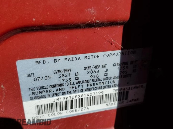 2006 Mazda 3 i Touring with VIN JM1BK32FX61409499, listed as a Copart auction lot 51084515 with 226,252 mi miles and Clean Title. Bid and sale history available at DreamBid. Image 12.