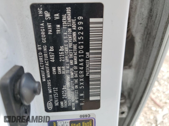 2013 Kia Optima SX z VIN 5XXGR4A61DG152999, wystawiony jako Copart lot #55852445 z przebiegiem 124 825 mil mil oraz Szkoda całkowita • Salvage title. Historia ofert i sprzedaży dostępna na DreamBid. Obrazek 12.