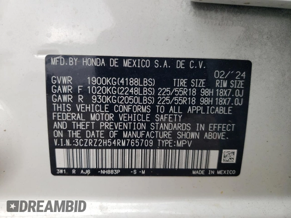 2024 Honda HR-V Sport z VIN 3CZRZ2H54RM765709, wystawiony jako Copart lot #56275525 z przebiegiem 28 116 mil mil oraz Szkoda całkowita • Salvage title. Historia ofert i sprzedaży dostępna na DreamBid. Obrazek 14.
