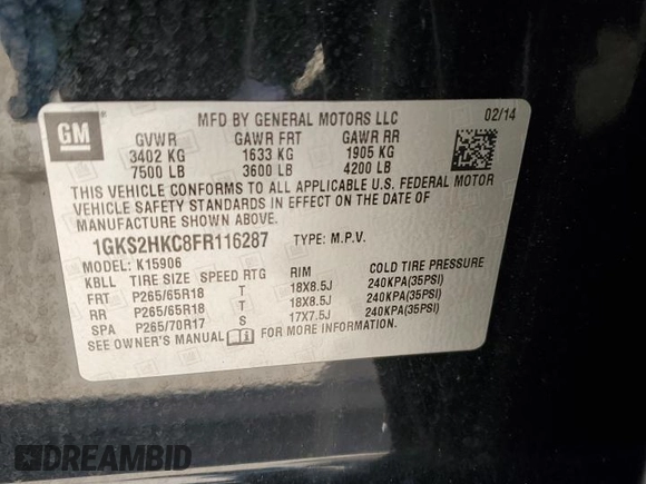 2015 GMC Yukon XL SLT with VIN 1GKS2HKC8FR116287, listed as a Copart auction lot 46752355 with 273,994 mi miles and Clean Title. Bid and sale history available at carsss.com. Image 13.
