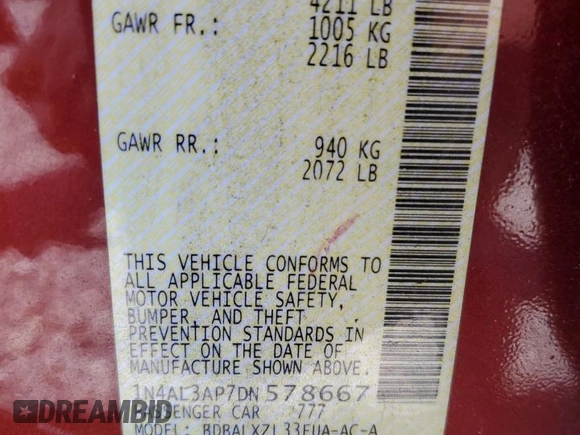 2013 Nissan Altima S with VIN 1N4AL3AP7DN578667, listed as a Copart auction lot 52855895 with 204,139 mi miles and Salvage Title. Bid and sale history available at carsss.com. Image 12.