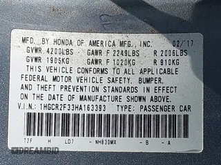 2017 Honda Accord LX with VIN 1HGCR2F33HA163393, listed as a IAAI auction lot 41910028 with 99,282 mi miles. Bid and sale history available at carsss.com. Image 9.