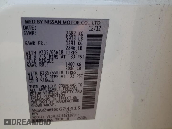 2013 Nissan Pathfinder SV with VIN 5N1AR2MM9DC624415, listed as a Copart auction lot 72439824 with 196,335 mi miles and Salvage Title. Bid and sale history available at carsss.com. Image 13.
