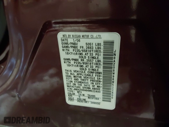 2006 Nissan Murano SL с VIN JN8AZ08W96W522400, выставлен на аукционе IAAI как лот 41510017 с пробегом 123 933 миль миль и . История ставок и продаж доступна на DreamBid. Изображение 9.