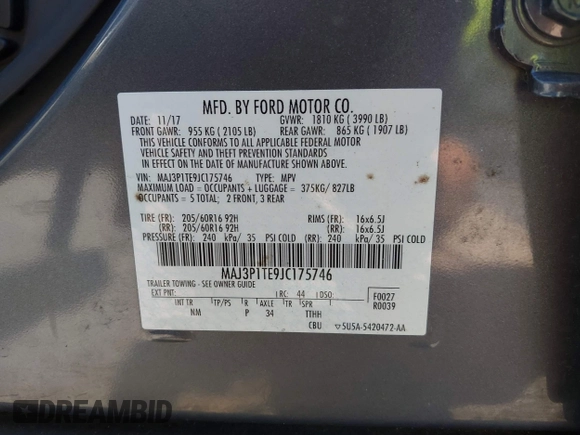 2018 Ford EcoSport SE z VIN MAJ3P1TE9JC175746, wystawiony jako IAAI lot #42323761 z przebiegiem 48 760 mil mil oraz . Historia ofert i sprzedaży dostępna na DreamBid. Obrazek 9.