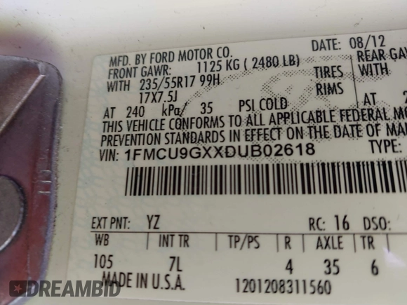 2013 Ford Escape SE with VIN 1FMCU9GXXDUB02618, listed as a IAAI auction lot 41734363 with 198,264 mi miles. Bid and sale history available at carsss.com. Image 9.