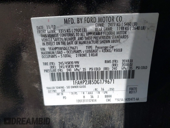 2013 Ford Taurus Limited with VIN 1FAHP2J85DG179671, listed as a IAAI auction lot 42415908 with Not provided miles and . Bid and sale history available at DreamBid. Image 9.