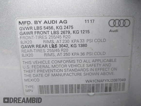 2018 Audi Q5 Prestige with VIN WA1CNAFYXJ2087049, listed as a IAAI auction lot 41145218 with 38,785 mi miles. Bid and sale history available at carsss.com. Image 9.