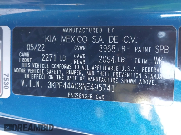 2022 Kia Forte GT with VIN 3KPF44AC8NE495741, listed as a IAAI auction lot 40980838 with 40,758 mi miles. Bid and sale history available at carsss.com. Image 9.