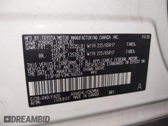 2021 Toyota RAV4 XLE with VIN 2T3P1RFV3MC166504, listed as a IAAI auction lot 42600429 with 63,193 mi miles and . Bid and sale history available at DreamBid. Image 9.