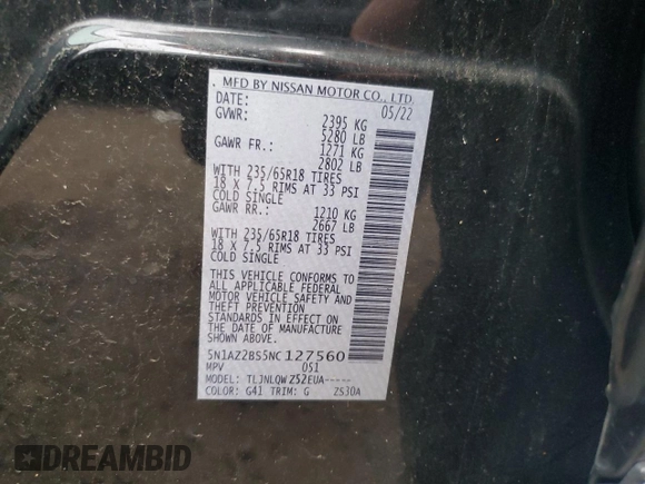 2022 Nissan Murano SV z VIN 5N1AZ2BS5NC127560, wystawiony jako Copart lot #60216845 z przebiegiem 60 994 mil mil oraz Czysty tytuł • Clean title. Historia ofert i sprzedaży dostępna na DreamBid. Obrazek 12.