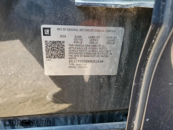 2019 Chevrolet Impala LS with VIN 2G11X5S32K9151959, listed as a Copart auction lot 72517664 with 44,929 mi miles and Salvage Title. Bid and sale history available at DreamBid. Image 12.