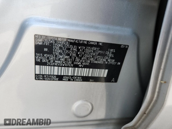 2014 Toyota RAV4 LE with VIN 2T3ZFREV3EW107626, listed as a Copart auction lot 61142985 with 141,094 mi miles and Salvage title. Bid and sale history available at DreamBid. Image 13.