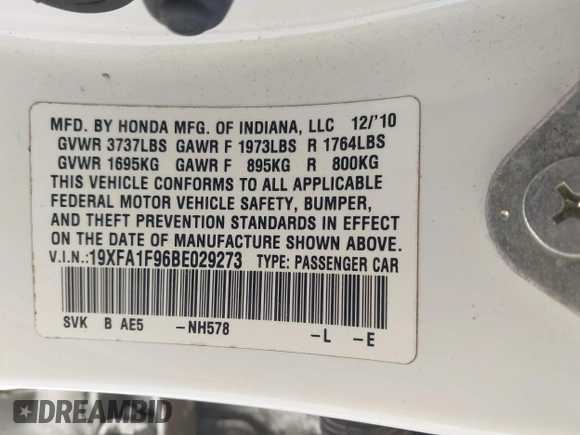 2011 Honda Civic EX-L with VIN 19XFA1F96BE029273, listed as a IAAI auction lot 42052817 with 161,486 mi miles and . Bid and sale history available at DreamBid. Image 9.