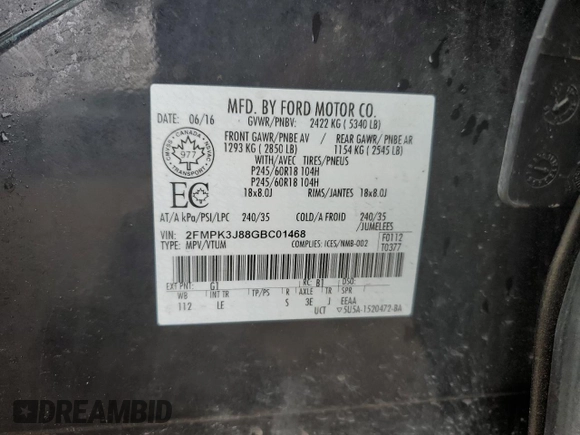 2016 Ford Edge SEL with VIN 2FMPK3J88GBC01468, listed as a Copart auction lot 51618935 with 164,179 mi miles and Salvage Title. Bid and sale history available at carsss.com. Image 13.