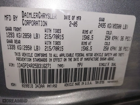 2005 Dodge Caravan SE with VIN 1D4GP24R25B316271, listed as a IAAI auction lot 41720154 with 231,797 mi miles. Bid and sale history available at carsss.com. Image 9.