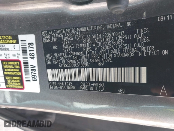 2012 Toyota Sienna LE AAS with VIN 5TDKK3DC8CS180967, listed as a IAAI auction lot 42215961 with 220,089 mi miles and . Bid and sale history available at DreamBid. Image 9.