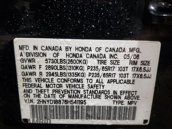 2006 Acura MDX Touring w/Navi with VIN 2HNYD18876H541195, listed as a Copart auction lot 48782455 with 0 mi miles and Clean Title. Bid and sale history available at carsss.com. Image 13.